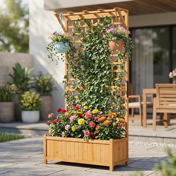 72 Tall Wood Raised Garden Bed with Trellis and Hanging Roof Outdoor Planter Box for Climbing Plants Vegetables Flowers Large Wooden Lattice for Patio Backyard &amp Balcony Natural Fir Wood