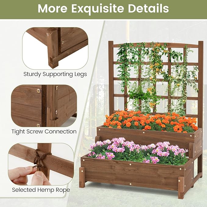 2 Pieces Raised Garden Bed with Trellis 2-Tier Wooden Elevated Planter Box with Legs Hemp Rope &amp Drainage Holes Raised Plant Bed for Backyard Garden Lawn