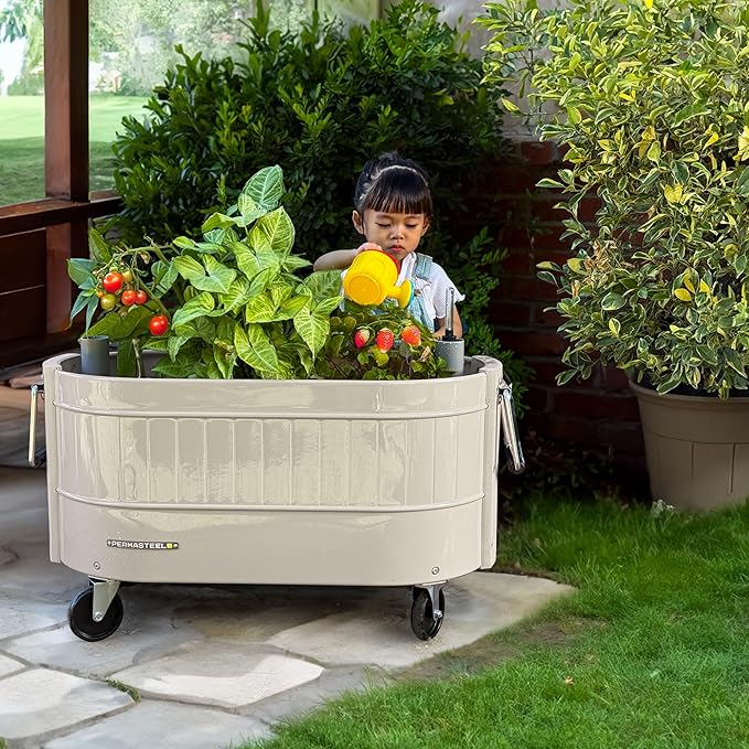Permasteel Self-Watering Garden Bed Rolling Planter for Vegetables Flowers Herbs and Fruit Outdoor Indoor Caster Wheels Ivory