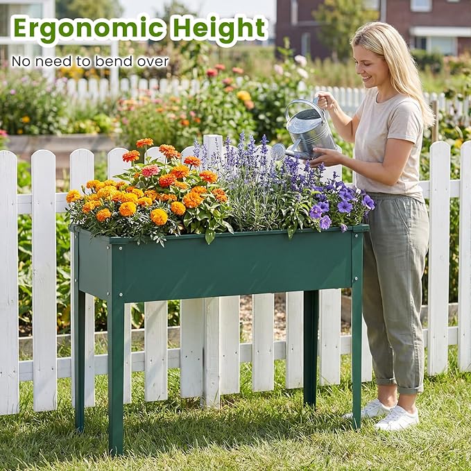 HAPPYGRILL Raised Garden Bed Metal Elevated Planter Box w/Legs Drainage Holes for Growing Vegetables Fruits Flowers Indoor Outdoor Standing Plant Container for Backyard Patio (Green 40”x16”x32”)