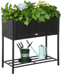 Raised Garden Bed Elevated Planter Box with Rattan Wicker Look Tool Storage Shelf Portable for Herbs Vegetables Flowers Black