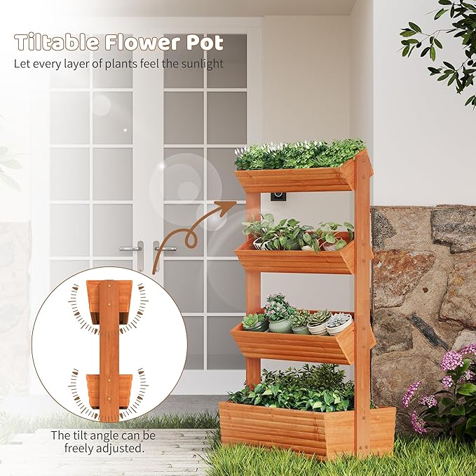 FILWH Wooden Raised Garden Bed Vertical Planter Box Freestanding Plant Stand for Indoor Outdoor Plants Herbs Flowers Vegetables Gardening (Reddish Brown 4-Tier29.9 x 17.9 x 55in)