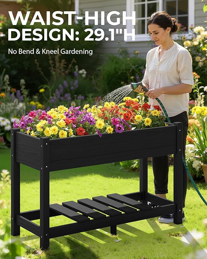 SERWALL Raised Garden Bed with Legs Set of 2 43×17×30 Large HDPE Elevated Planter Box for Vegetables Flower Herb Patio All Weather Use-Black
