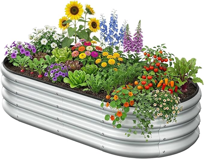 4x2x1 FT Oval Metal Raised Garden Bed Elevated Garden Planter Box Outdoor Trough Planter for Outdoor Plants Flower Vegetables Fruit Herbs (Silver 1PC)