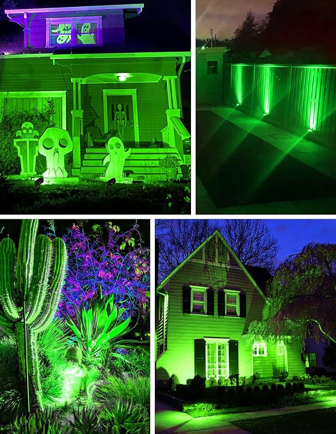 Green LED Spot Lights Outdoor 14 LED Landscape Lighting with US Plug IP65 Waterproof Spotlights for Tree Yard Garden Pathway Flag St. Patrick's Day Halloween Christmas Decor 2 Pack