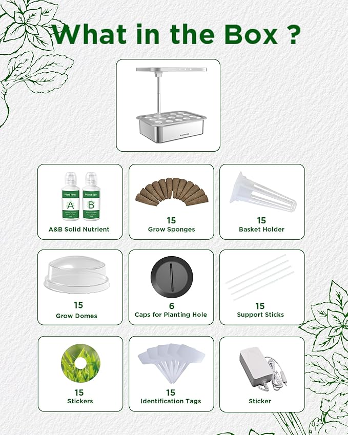 Stainless Steel Hydroponics Growing System Kits Controlled Smart Indoor Garden with LED Grow Light Full Spectrum 15 Pods Plant Germination Kit with Quiet Pumpfor Vegetables HerbsGardening Gifts