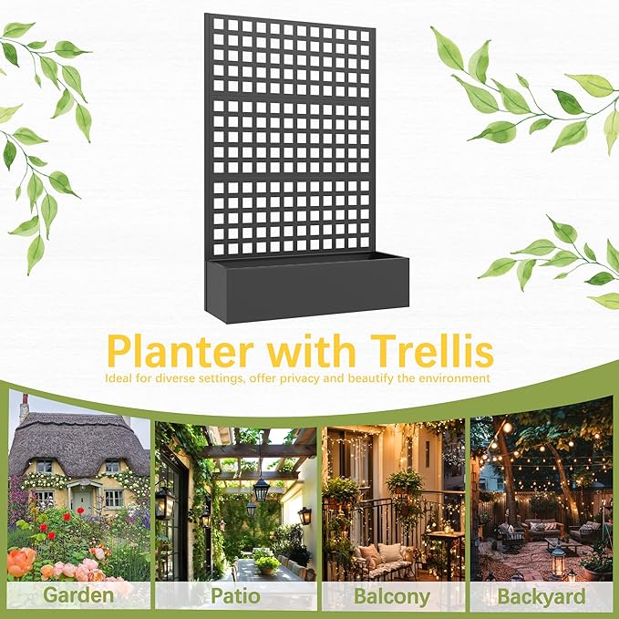 Metal Planter Box with Trellis 71x 47x 16 Raised Garden Bed Planter Box Trellis with Privacy Screen and Drainage Holes Black