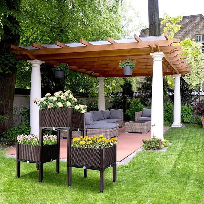 MAYOLIAH Raised Garden Bed with Drainage Elevated Planter Box Plastic Raised Beds for Gardening Vegetables Herb Flowers Perfect for Indoor Outdoor Planting 3 Boxes Brown