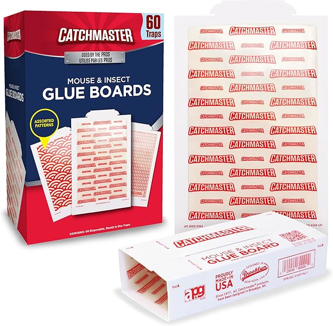 Catchmaster Extra Sticky Insect &amp Mouse Traps 60-Count 5.3x8 Glue Boards for Mice &amp Insects Ultra Sticky Rat &amp MouseTraps Indoor for Home Use in Garages Basements &amp Attics Pest C