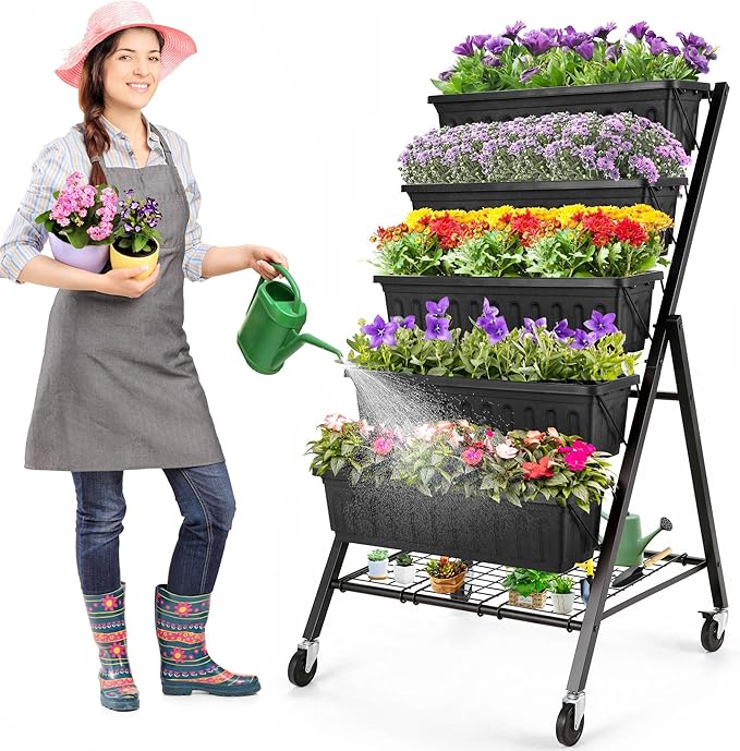 Homdox 4FT Vertical Garden Bed 5 Tiers Vertical Raised Garden Planter 25.6 * 26 * 48Inch Garden Raised Bed with 4 Hooks &amp 4 Wheels Vegetable Flower Planter Raised Stand Black with Storage Rack