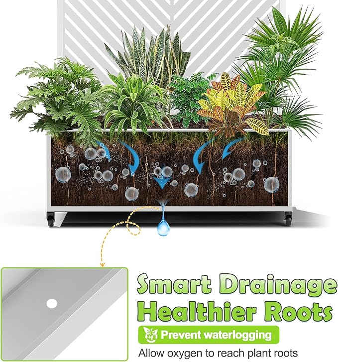 15.7×70.9×35.4 Metal Raised Garden Bed with Trellis and Wheels - Tall Trellis Planter Box for Climbing Plants Vegetables &amp Vines - Outdoor Privacy Planters for Patio (White-Parallel)