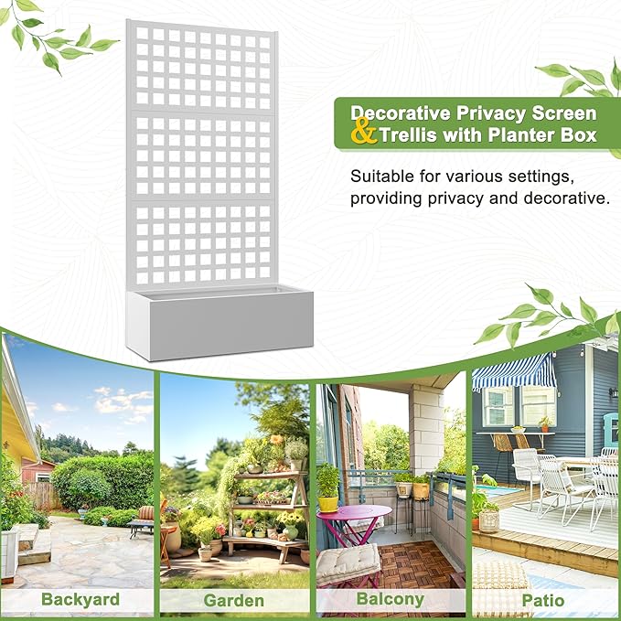 FENCY Metal Raised Garden Bed with Trellis Planter Box with Trellis Garden Box for Climbing Plants Vegetable 35''Lx16''Wx71''H Metal Garden Bed with Drainage Holes(White)