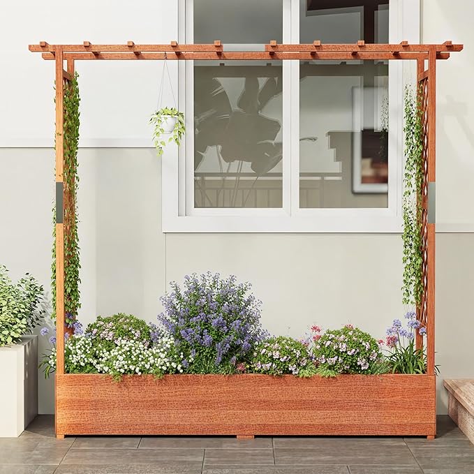 Raised Garden Bed with Trellis Wood Planter Box with Hanging Roof Side Trellis 4 Drainage Holes Elevated Garden Bed for Outdoor Climbing Plants Vines Patio 77.2''x17.3''