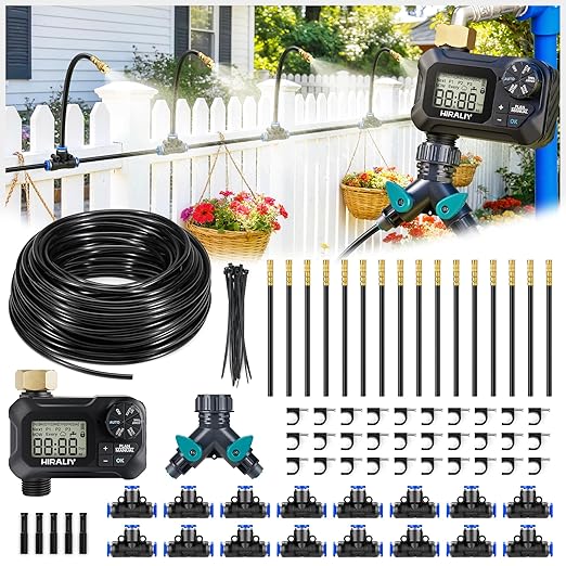HIRALIY 360° Adjustable Drip Irrigation System 100FT with Timer 1/4 Tubing and Adjustable Copper Nozzles Automatic Atomizing Watering Kit for Garden Yard Lawn Greenhouse &amp Potted Plants