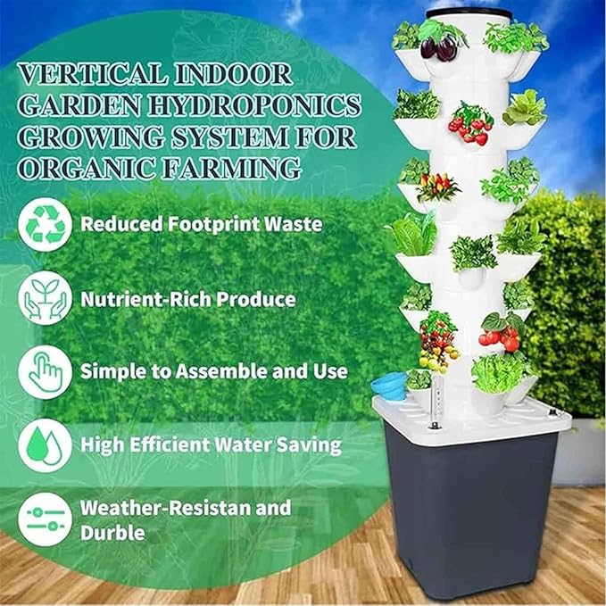 Aeroponic Tower Garden System with 10L Tank 6 Tier 30 Hole Hydroponic Tower System Vertical Farming Tower Kit for Home Kitchen and Office(Gray)