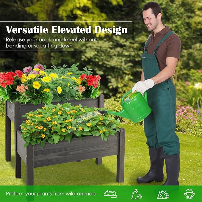 RELAX4LIFE 2-Tier Raised Garden Bed - Fir Wood Garden Elevated Planter Box with Legs 8 Drainage Holes220 Capacity for Growing Vegetable Elevated Garden Bed for Outdoor Yard Patio Balcony (Gray)