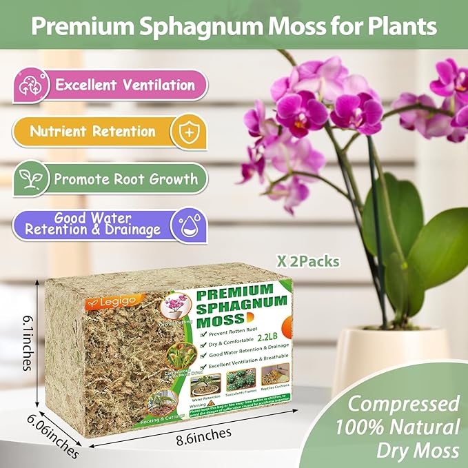 Legigo 4.4LBS Premium Sphagnum Moss for Plants- 80QT Natural Succulent Carnivorous Plant Moss Dried Long Fiber Orchid Moss for Orchid Repotting Succulent Sarracenia Potted Plants Gardening &amp Rept