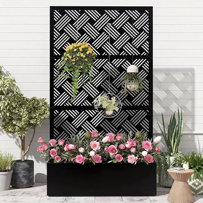 Metal Raised Garden Bed with Trellis Privacy Screen Planter Box for Climbing Plants 40 x 12 x 71 Inches Outdoor Standing Flower Bed with Drainage (Woven)