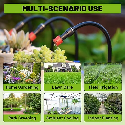 Drip Irrigation Kit - 100ft Automatic Watering System with 24 360° Sprinkler Nozzles T-Connectors for Garden Lawn Greenhouse Patio Plants &amp Hydroponics