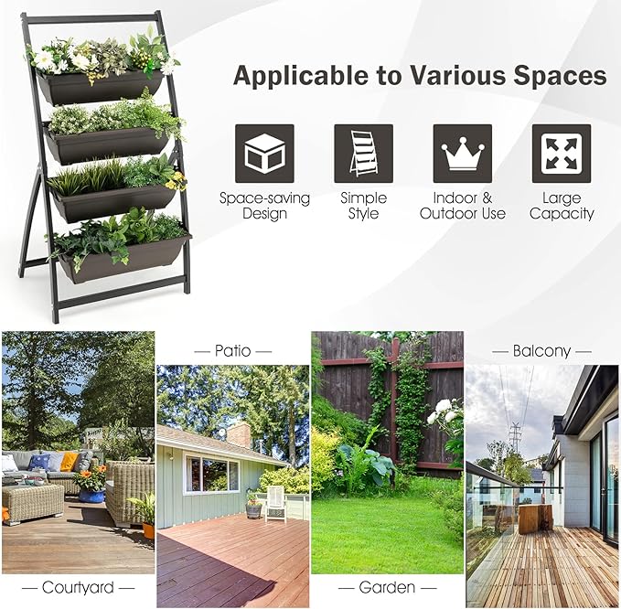 5.2 FT Vertical Raised Garden Bed Metal Standing Planter w/ 4 Drainage Holes and 4 Container Planter Boxes Elevated Garden Bed for Vegetables Flowers Herbs on Balcony Patio Backyard