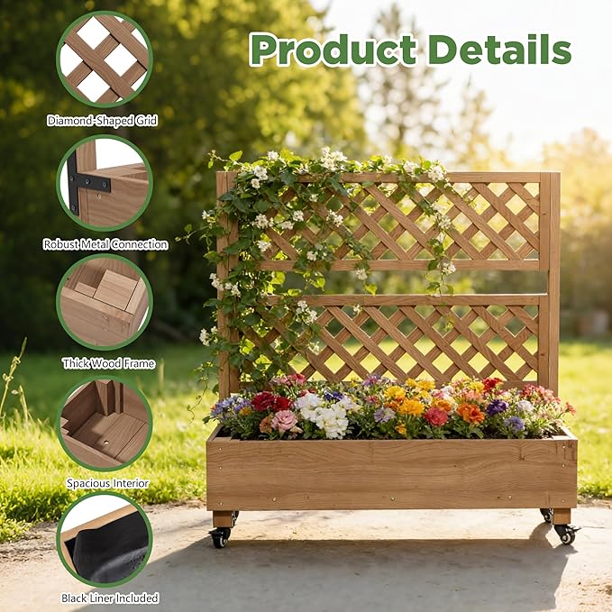 Raised Garden Bed with Wheels Outdoor Large Garden Planter Box Tomato Flower Pots with Standing Diamond Lattice Trellis for Vegetables Vines Herbs Fruits &amp Climbing Plants (Grid Upright Trellis)