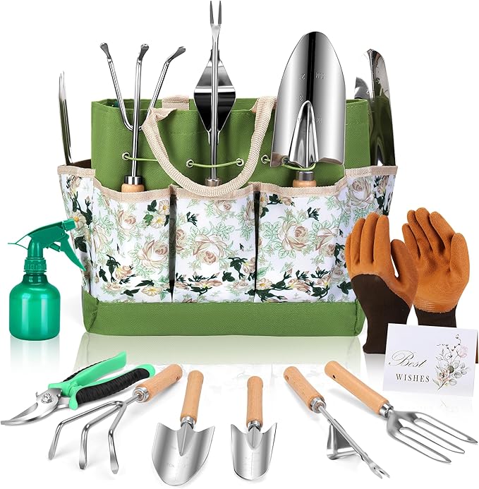 Gardening Tools Set of 10 Heavy Duty Stainless Steel Garden Hand Tools with Floral Tote Bag Rust-Proof Garden Tools for Gardening Gardening Gifts for Women Men and Plant Lover