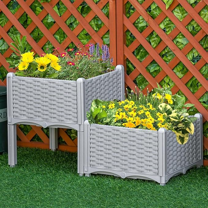 Dawn 2 Piece Raised Garden Bed with Legs Self-Watering Planter Box Raised Bed to Grow Flowers Herbs &amp Vegetables Gray