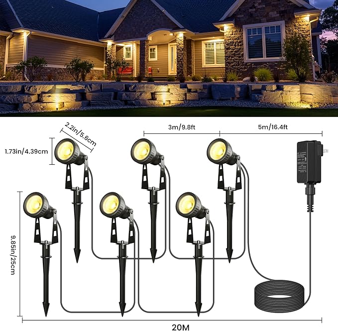 Outdoor Landscape Lighting 6-Pack Outdoor Spot Lights with Transformer Plug in LED Spot Lights for Garden Yard Backyard Plants Lawn Trees House Flags IP65 Waterproof – Warm White