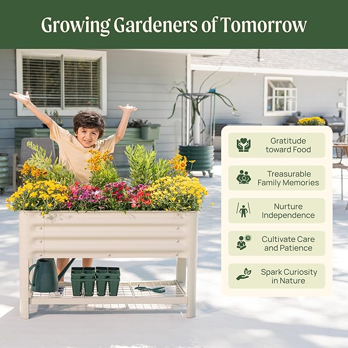 Elevated Raised Garden Bed for Kids 16(W) x 36 (L) x 22(H) Outdoor Planters Box with Legs &amp Storage Rack Solid &amp Safe Raised Beds for Gardening Herbs Vegetables Flowers Pearl White