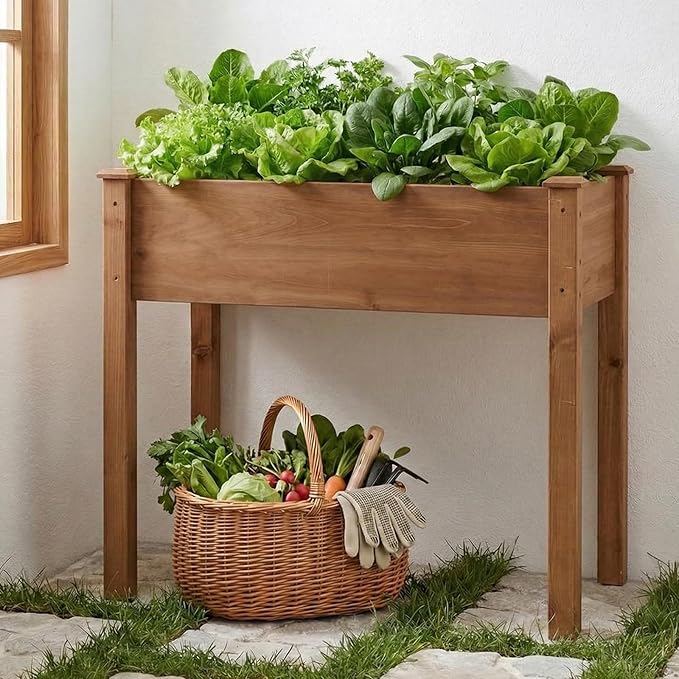 DUMOS Raised Garden Bed with Legs 34x18x30 Inch Planter Box Outdoor with Liner for Herbs Flowers Vegetables Elevated Wooden Garden Bed for Patio Balcony and Backyard Brown