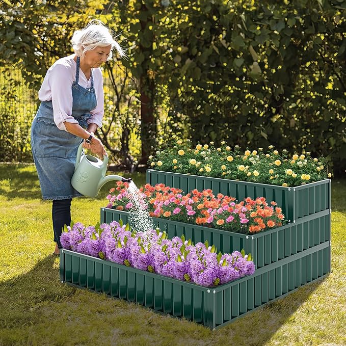 HAPPYGRILL 3-Tier Raised Garden Bed Galvanized Elevated Garden Bed w/Open-Ended Base for Deep Rooted Plants Vegetables Flowers Modular Assembly Outdoor Planter Box for Patio Backyard (1 Green)