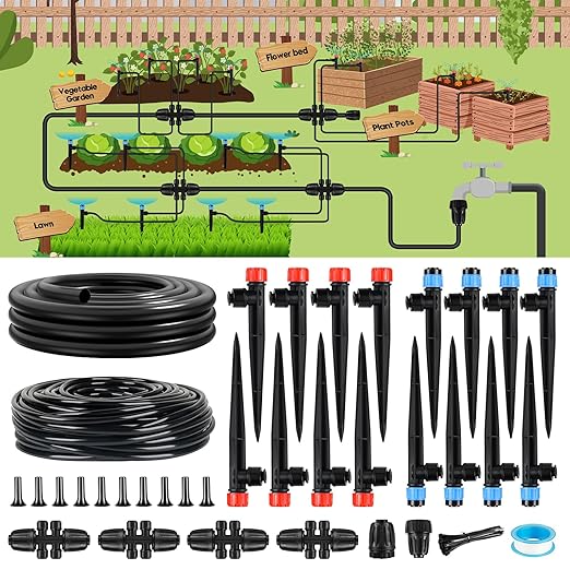 110FT Drip Irrigation System for Garden Quick-Connect Automatic Garden Watering System with 1/2 &amp 1/4 Tubing and Accessories - Adjustable Sprinklers Kit for Greenhouse Yard Lawn Raised Bed