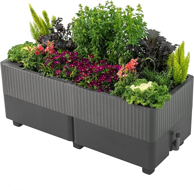 Vego garden EZCube Self Watering Planter Box Outdoor Raised Garden Bed with Water Gauge for Balcony Rooftop Patio Backyard 21 x 48 Fog Gray