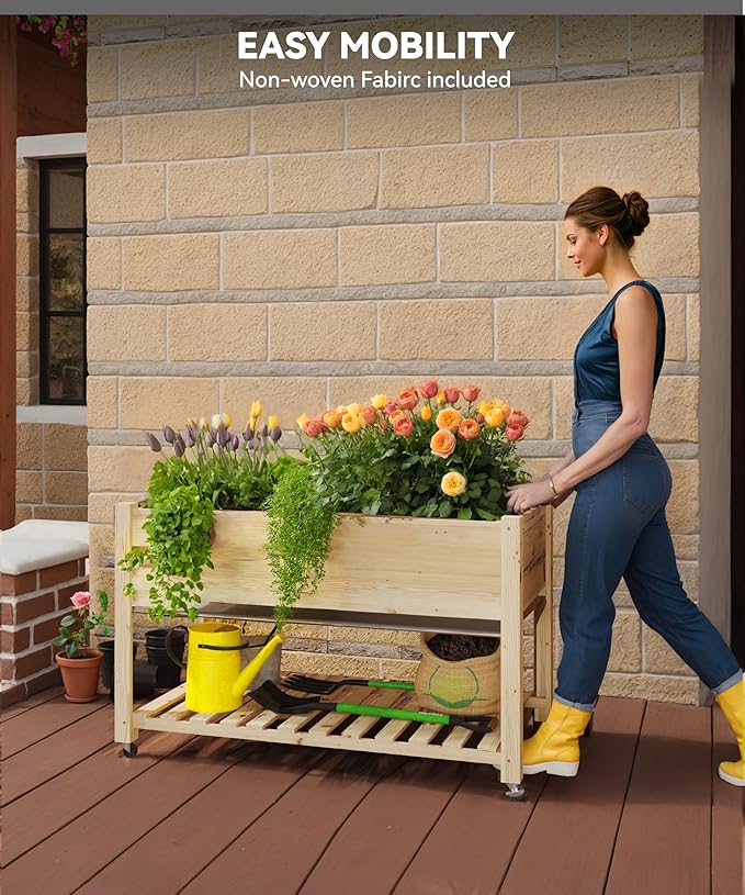 48x24x32 Inch Raised Garden Bed Mobile Planter Box with Lockable Wheels Built-In Storage Shelf &amp Durable Protective Liner for Vegetables Flowers Outdoor Use On Patio Deck Backyard(Natural)