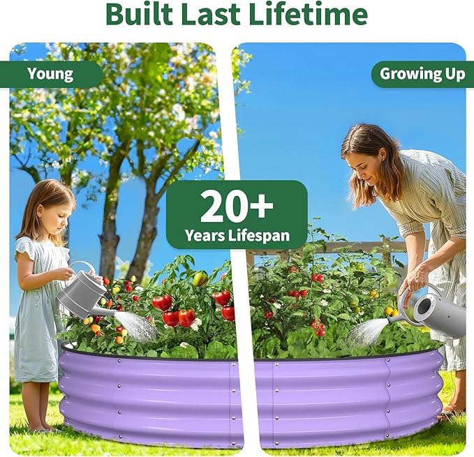 Kesfitt Round Raised Garden Bed 4x4x1 FT Galvanized Steel Metal Garden Bed Open-Bottom Design 12-Inch Deep Outdoor Raised Garden Bed for Vegetables &amp Herbs Lavender Purple