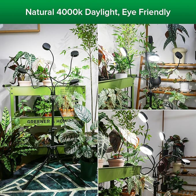 SANSI Grow Lights for Indoor Plants 4 Head Dimmable Plant Lights for Indoor Growing 40W 35-65 Adjustable Standing Plant Grow Lights Indoor Tripod Auto On/Off Timer Grow Light