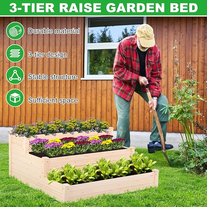 3-Tier Raise Garden Bed Elevated Wooden Planter Box Kit Standing Planter Grow Box Plants Bed for Outdoor Patio Greenhouse Planting Vegetable Herb Flowers and More 48X48X22 Inch