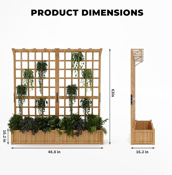 CABIHOME Two-Tier Wooden Planter Box with Trellis 1.4Ft Deep Elevated Raised Bed for Outdoor Flowers Veggies Hanging Roof &amp Drainage Holes