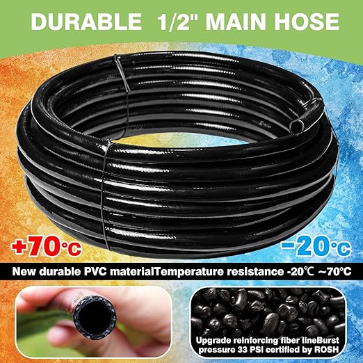 40 FT 1/2 inch Drip Irrigation Irrigation kit Main Line Supply Hose Tube for Garden Irrigation System (Includes 1/2 Straight Connector 3-Way Connector Switch Valve) Black