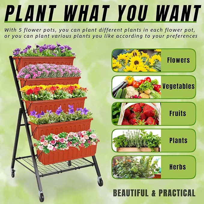 Homdox 3.74FT Vertical Garden Bed 5 Tiers Raised Garden Planter 23 * 26 * 45Inch Outdoor Stand with 4 Hooks for Vegetable Flower Patio Yard Brown