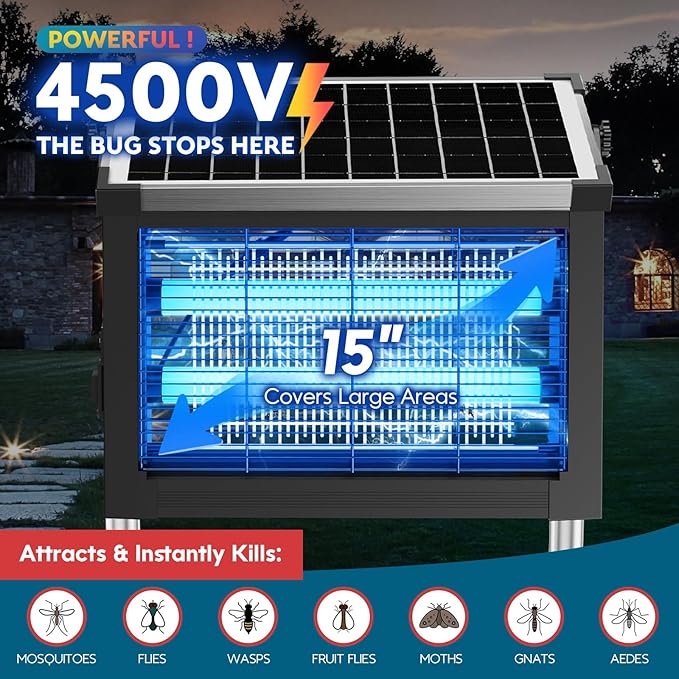 Solar Bug Zapper Outdoor PhatroyYee Mosquito Zapper 4500V Waterproof Portable Fly Zapper Rechargeable Electric Mosquito Killer Cordless Fly Insect Mosquitos Trap for Patio Yard Home Garden Camping