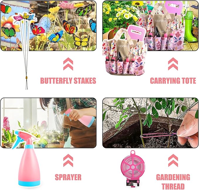 Monika 20-Piece Gardening Tool Set for Women Heavy Duty Rust-Proof Stainless Steel with Pink Floral Carry Bag Includes Trowel Transplanter Cultivator Pruner Ideal Gift for Garden Lovers