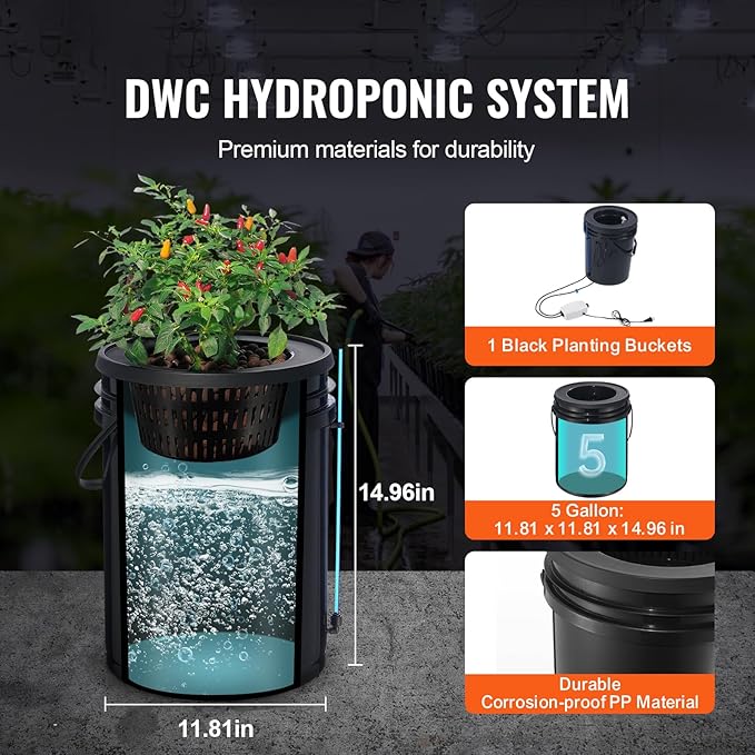 Happybuy DWC Hydroponics Grow System 5-Gallon Deep Water Culture with Top Drip Kit Air Pump Air Stone Water Level Device for Leafy Vegetables (1 Bucket)