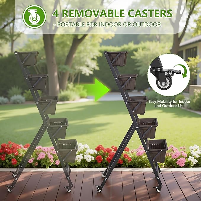 VECELO 5-Tier Vertical Garden Bed Freestanding Elevated Raised Garden Planter with 5 Garden Planter Boxes Lockable Caster Wheels Drainage System for Plants Vegetables Flowers Herbs