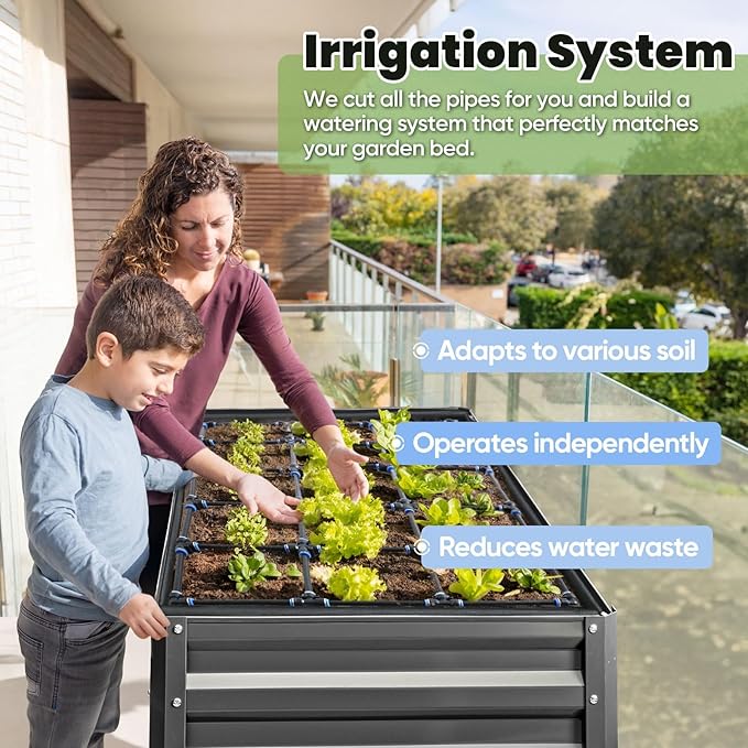 KING BIRD Raised Garden Bed with Irrigation System and Legs Galvanized Elevated Planter Box 48×24×31.5 in for Backyard Patio Balcony 400lb Capacity Dark Grey