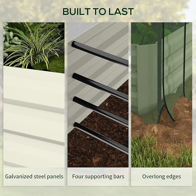 Outsunny 7.3 x 3.4 x 1 ft Galvanized Raised Garden Bed with Crop Cage Plant Protection Net and Shade Cloth Roof Metal Planter Box with Cover for Vegetables Flowers Herbs Beige