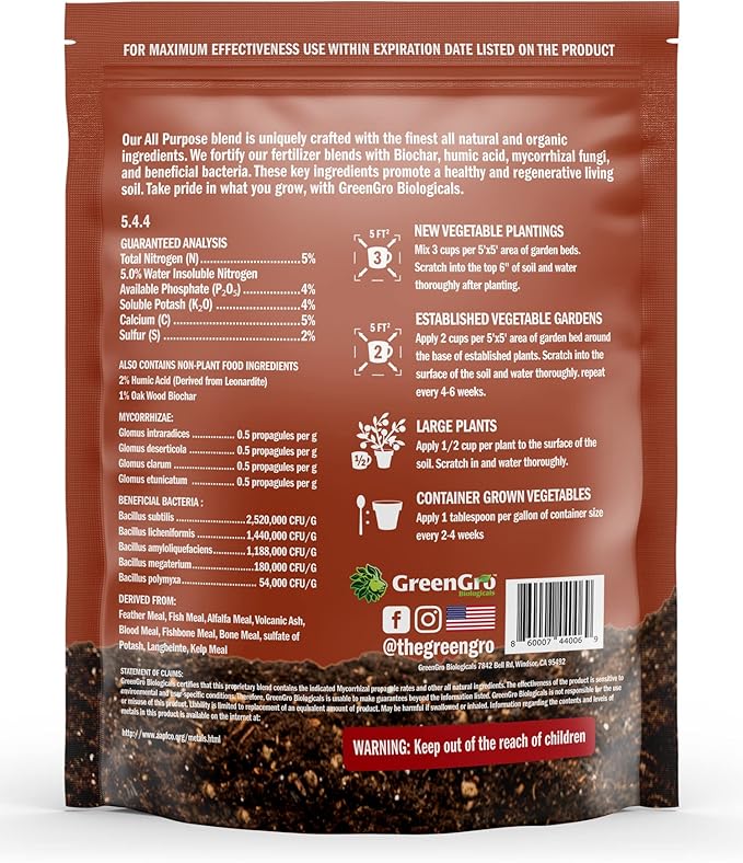 GreenGro All Purpose Organic Fertilizer - Outdoor &amp Indoor Plant Food/Great for Vegetable Gardens &amp Houseplants/Advanced Nutrients Derived from Fish Meal &amp Bone Meal/Biochar &amp Humic Ac