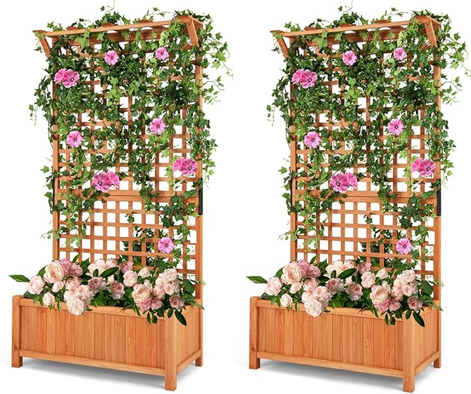 MAT EXPERT Raised Garden Bed with Trellis Lattice Panel with Hanging Roof Drainage Hole Planter Box for Flower Vine Elevated Outdoor Planter for Garden (2 35.5” x 17.5” x 72.5” (L x W x H))