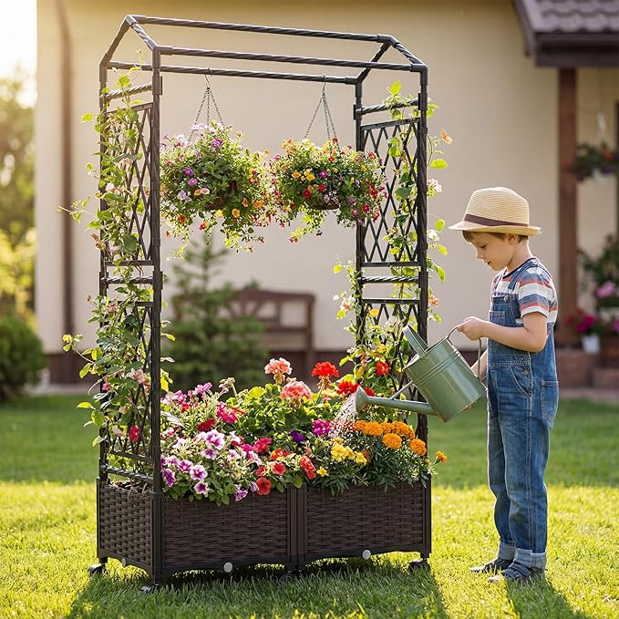 HAPPYGRILL Raised Garden Bed with Trellis 2 Tall Self-Watering Planter Box on Lockable Wheels w/Roof Weatherproof Rattan Garden Bed Outdoor for Climbing Vine Flower (32” x 16” x 64)