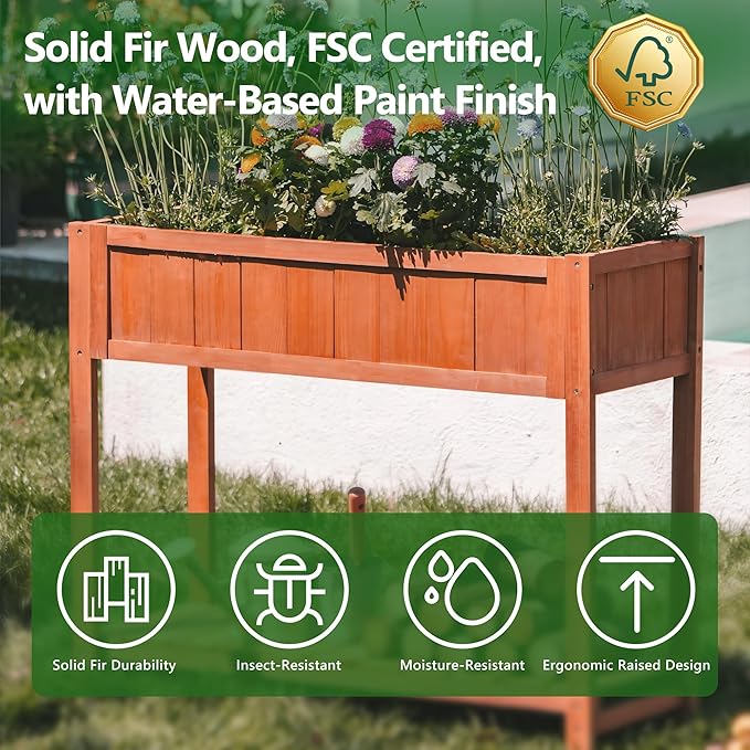 Premium Fir Wooden Raised Garden Bed with Four Legs for Backyard and Balcony GardeningSuitable for Indoor and Outdoor useBottom with Storage Rack35.04''×13''×29.92''